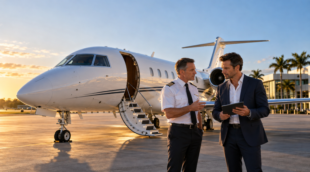 Pilot and traveler reviewing a tablet beside a private jet on an airport apron at sunset.
